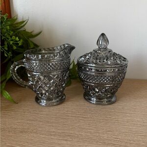 Anchor Hocking Wexford Pattern Smoke Carnival Glass Cream and Sugar Set